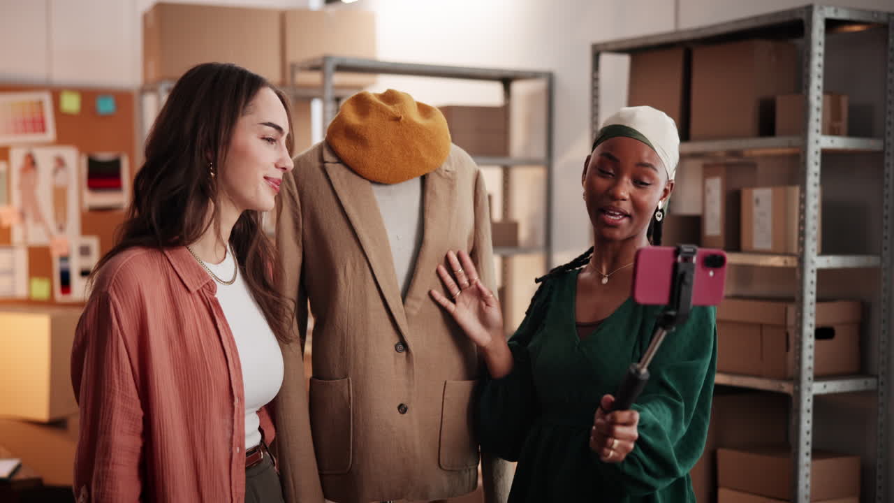 Due donne che fanno vlogging su moda e abbigliamento per la loro attività online.