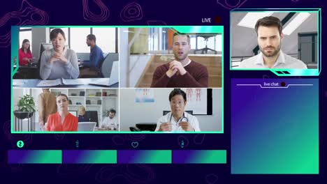 interfaz digital con iconos en la pantalla con personas hablando en videollamada