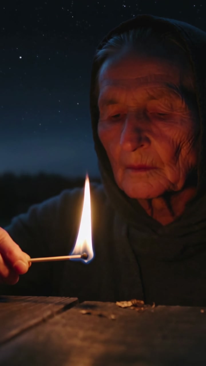 Vertical video: Lighting match, senior woman holding, watching flame at night on wood table, hooded