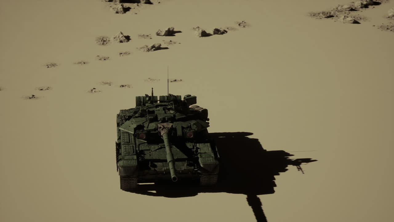 Un carro armato militare si trova in mezzo al deserto.
