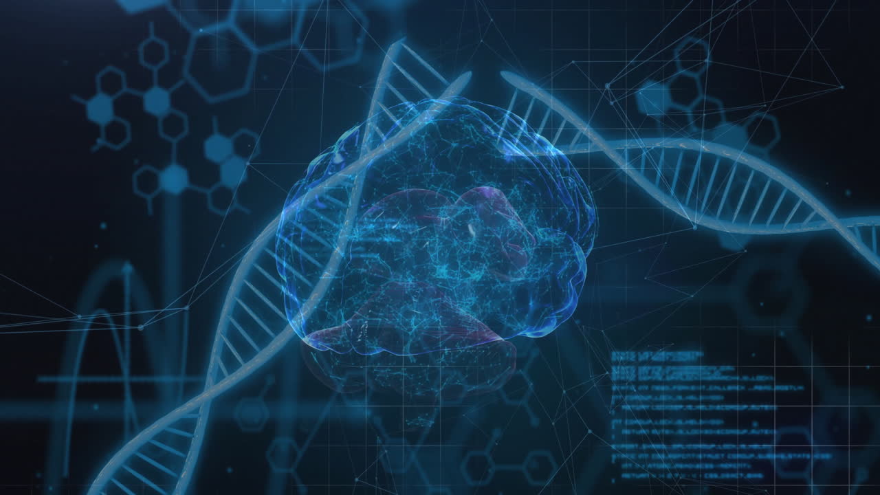 Animation of data processing over dna strands and brain