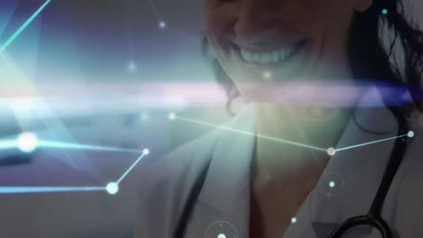 Animation-of-glowing-network-of-connections-over-caucasian-female-doctor-using-digital-tablet