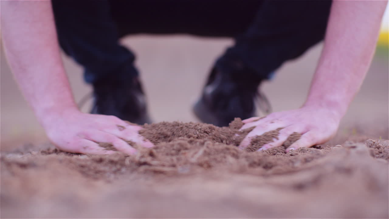 손에 유기 토양을 검사하는 농부 농업 분야 2에서 흙을 만지는 농부