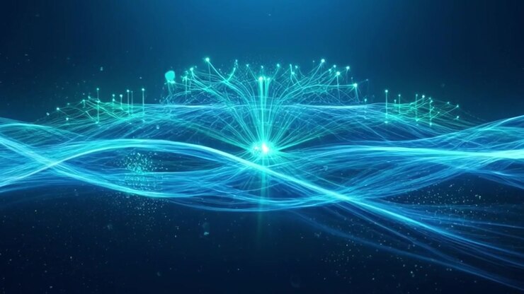 Abstract Digital Network Connection with Glowing Blue Light Waves