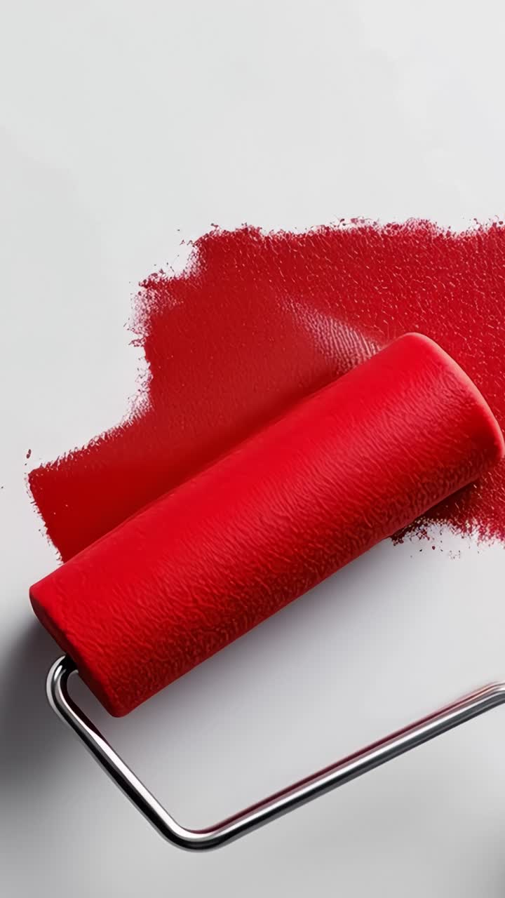 Scena di pittura rosso vivace con rullo e pennellate su superficie bianca, perfetta per ispirazione nell'arredamento di casa e creatività artistica