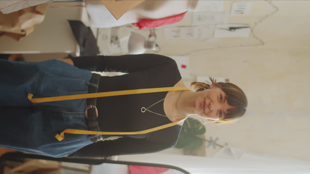 modista alegre posando para la cámara en el estudio de costura