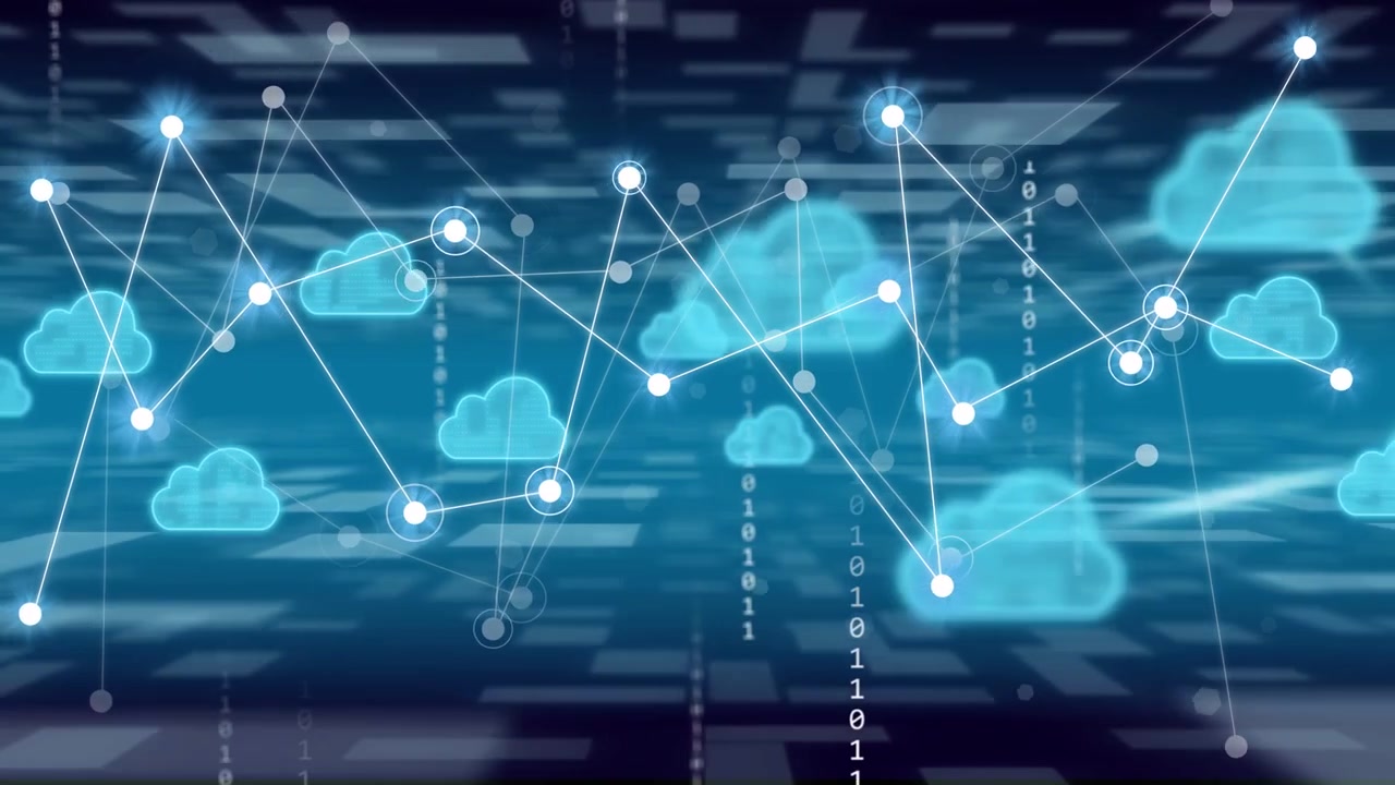 Data network starting left node cluster, nodes glowing, lines linking, clouds drifting showing flow