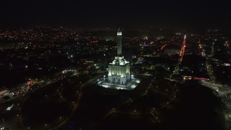 Panoramic aerial of illuminated Monument to the Heroes in Santiago de los Caballeros, Dominican Republic