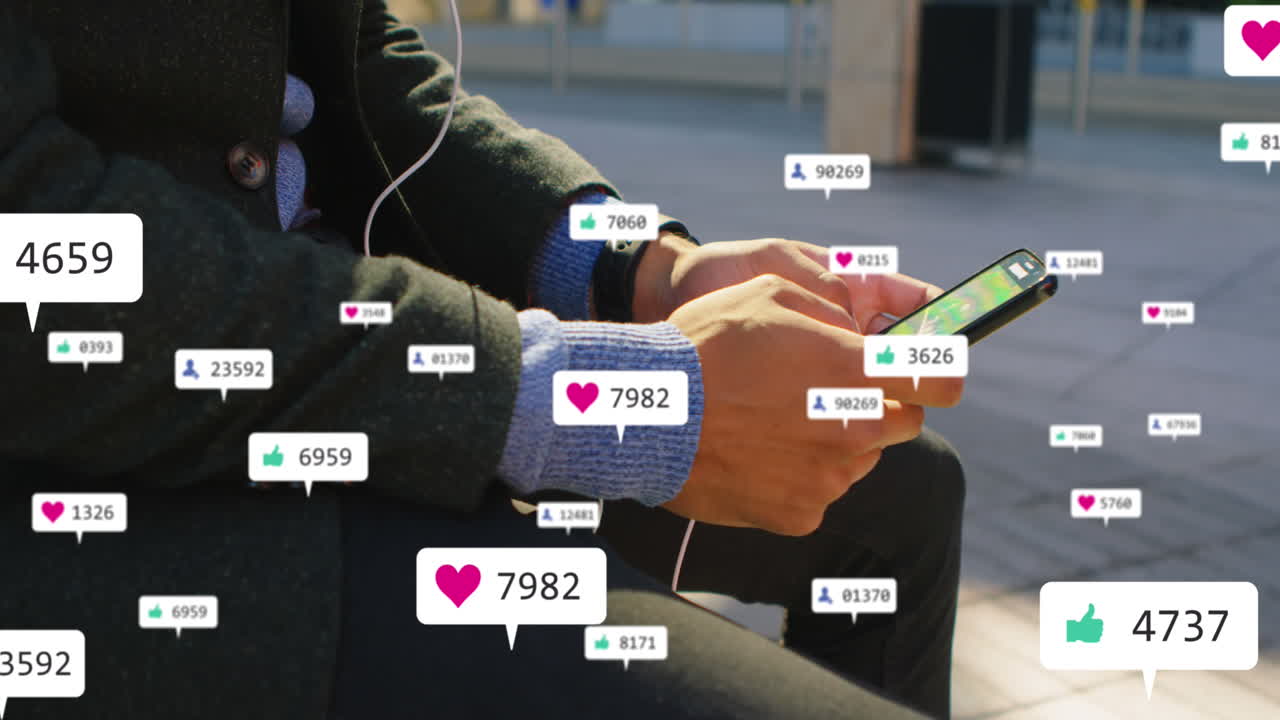 Animation of social media icons and numbers on banners over man using smartphone