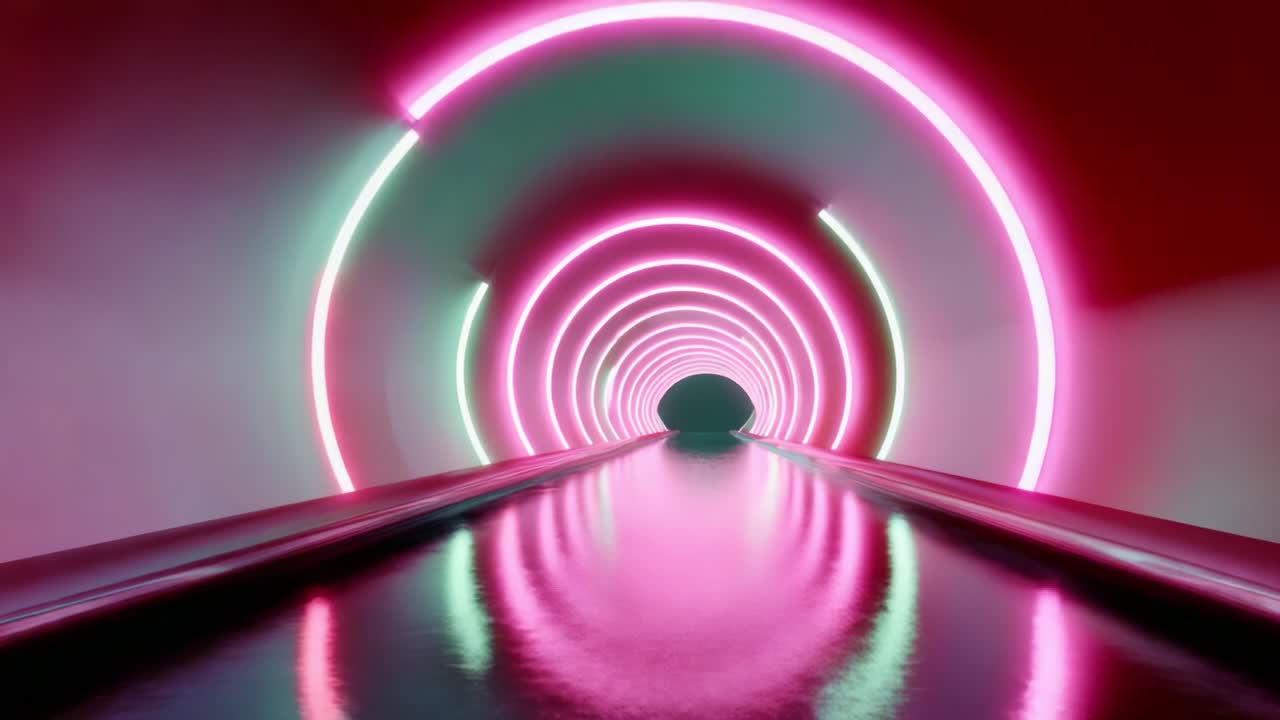A stunning and immersive view of a neon-lit tunnel showcasing vibrant pink lights and reflections on a smooth surface, creating an otherworldly atmosphere that invites exploration and wonder