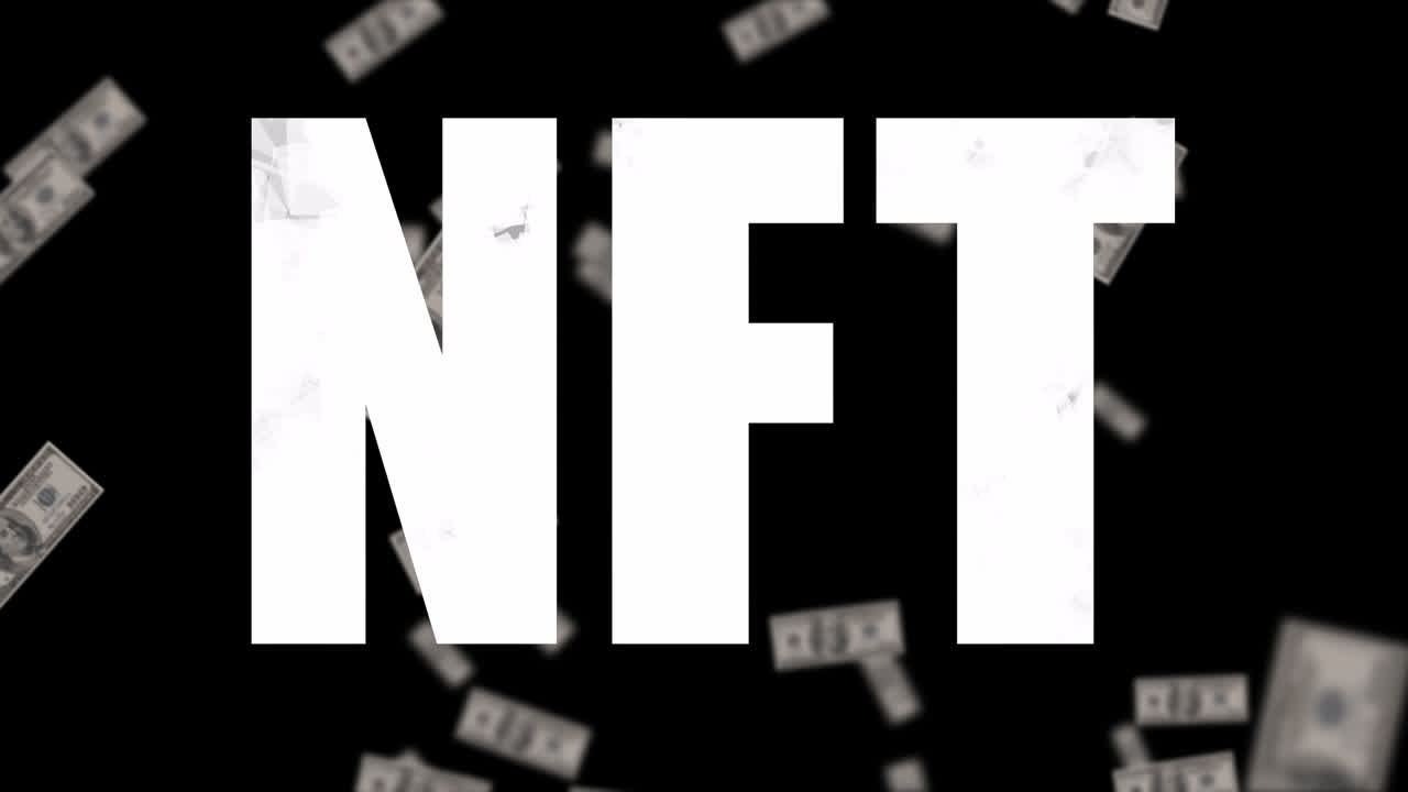 Animazione digitale di banner di testo NFT su banconote di dollari americani che cadono su sfondo nero