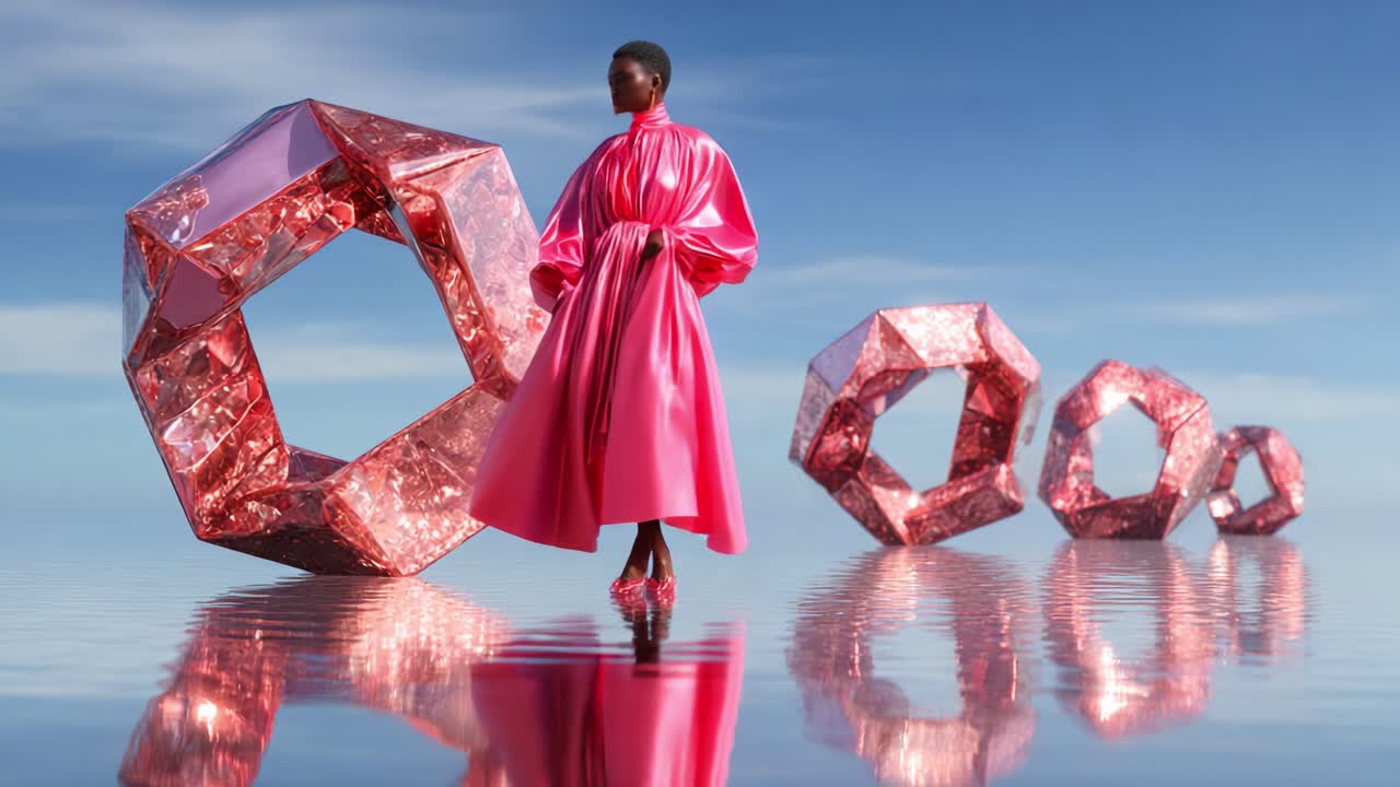 A stunning fashion model showcases exquisite elegance while wearing a radiant pink gown against a mesmerizing backdrop featuring geometric shapes that reflect beauty and style in a dreamy setting