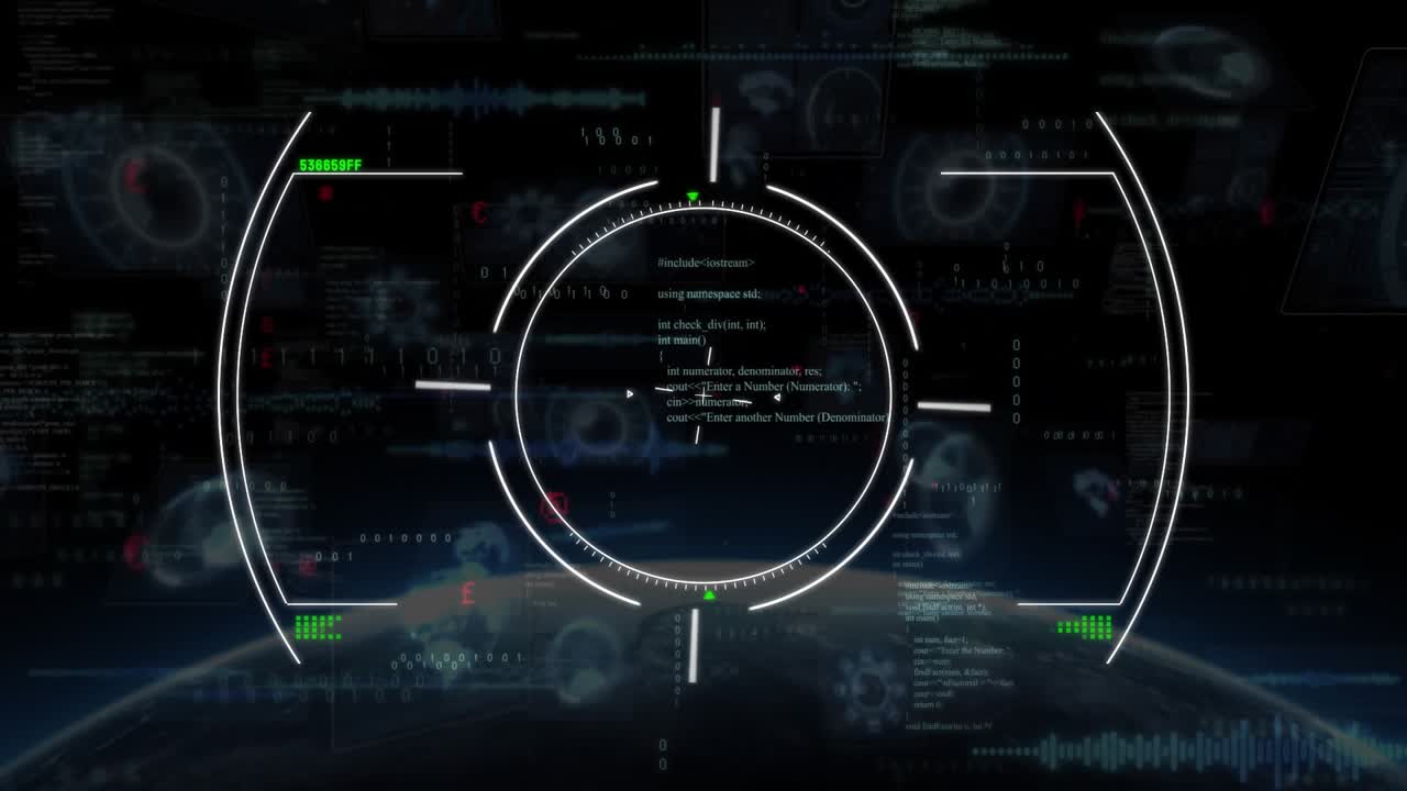 White arc and green circle emerging, animating multi-ring HUD, pulsing blocks and glitches for scan