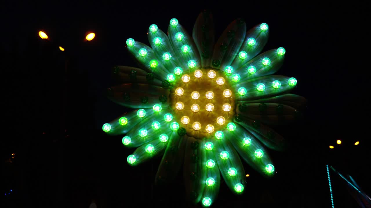 uma flor no parque brilhando à noite com lâmpadas multicoloridas