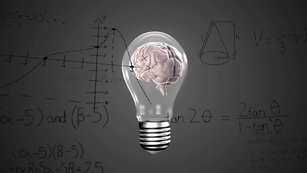 Animation of light bulb with brain over woman's hand and mathematical data processing