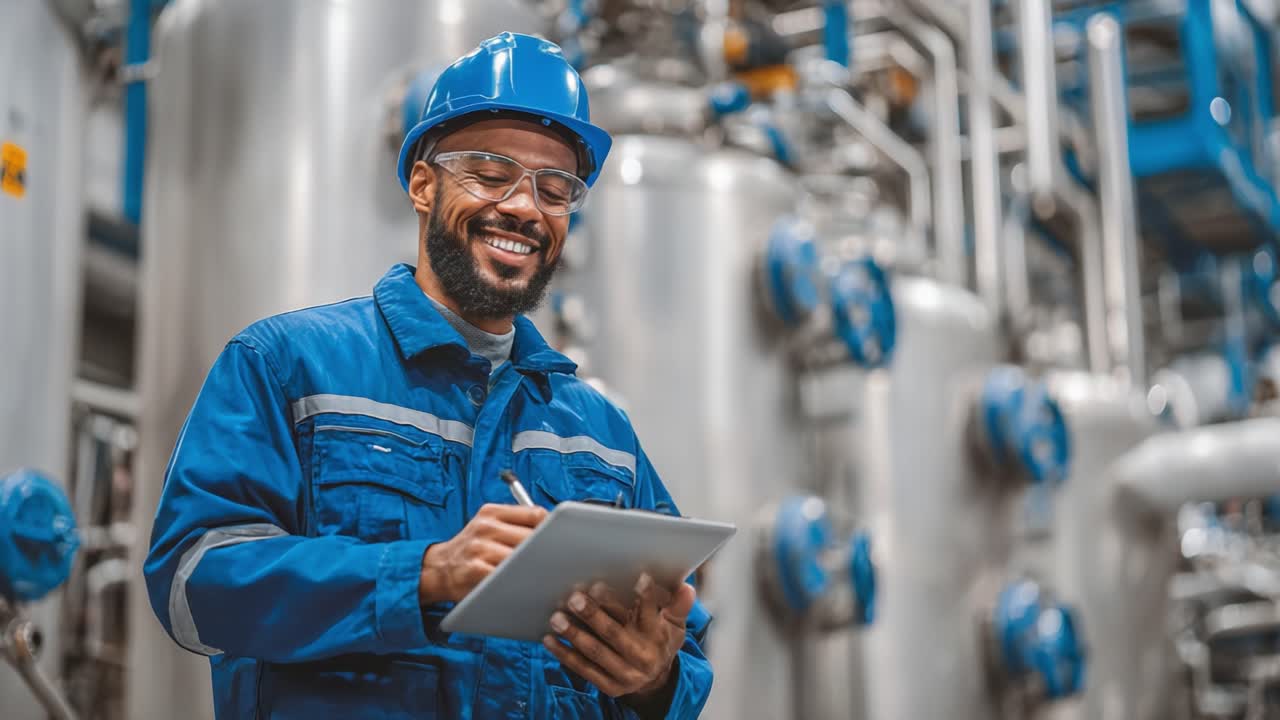 A Smiling Worker in a Blue Overall and Hard Hat Taking Notes on a Digital Tablet While Overseeing Industrial Equipment in a Modern Facility