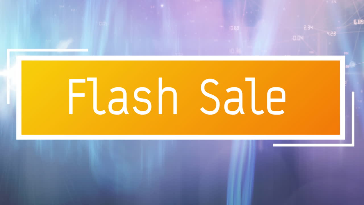 animación del texto de venta flash en un banner naranja sobre un fondo rosa a azul