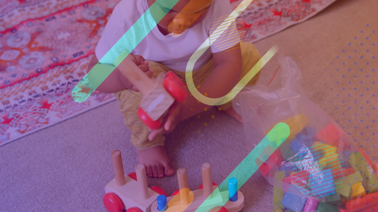 Playing with colorful wooden toys, child over geometric shapes animation