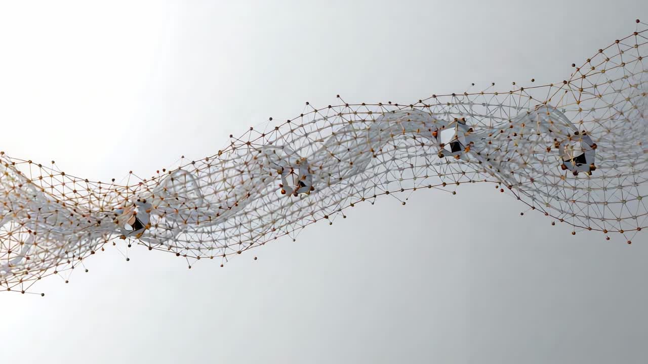 First frame starting thin mesh waving right in studio, moving polyhedra and nodes, creating flow