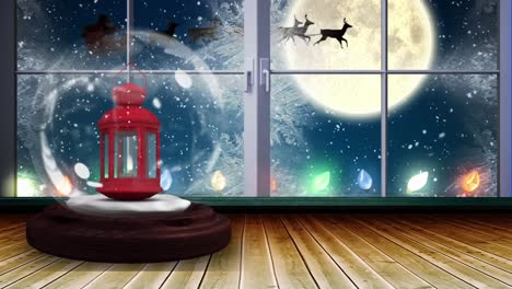 Animación-De-Globo-De-Nieve,-Papá-Noel-En-Trineo-Con-Renos-Sobre-La-Luna-Vista-A-Través-De-La-Ventana.