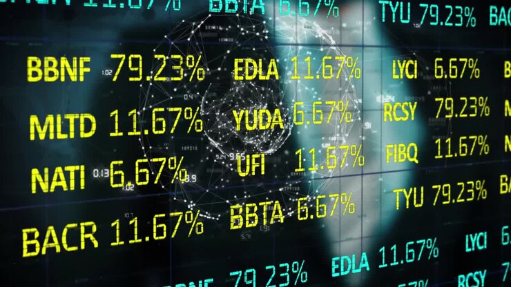 Stock market data processing against business man touching invisible screen