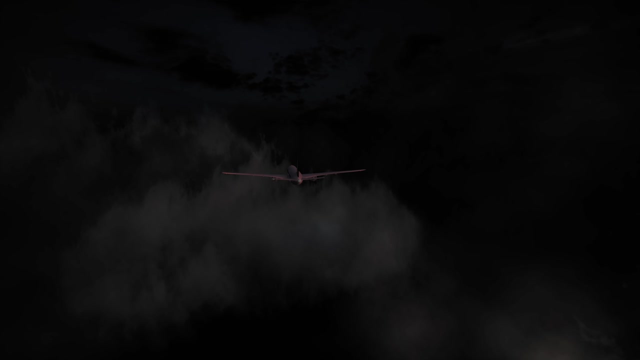 Airplane Flying In Night Dark Cinematic Clouds