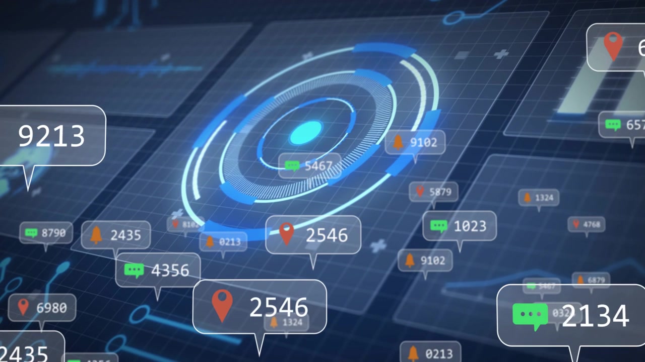 Concentric HUD rotating and pulsing while data feed spawning callouts, showing live telemetry