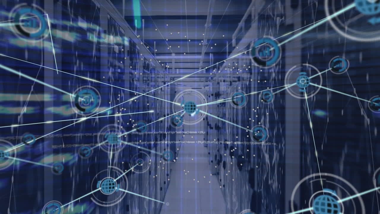 Animation of network of connections with icons and data processing over server room