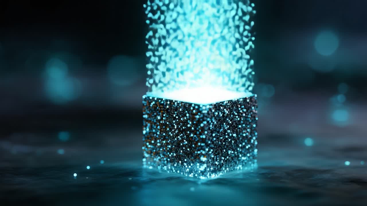 A mesmerizing glowing cube surrounded by sparkling particles, creating an enchanting atmosphere of light and color in this captivating visual experience