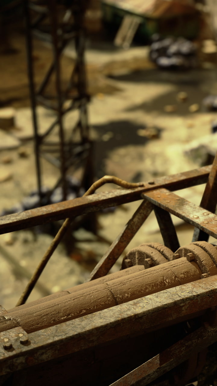 Wooden beams and rusty machinery show the passing of time in construction site