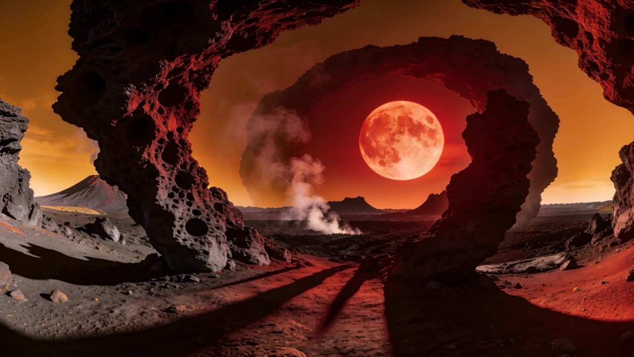 Die Kamera gleitet vorwärts und enthüllt einen großen, porösen, kreisförmigen Felsbogen, der einen roten Mond und Fumarolen einrahmt.