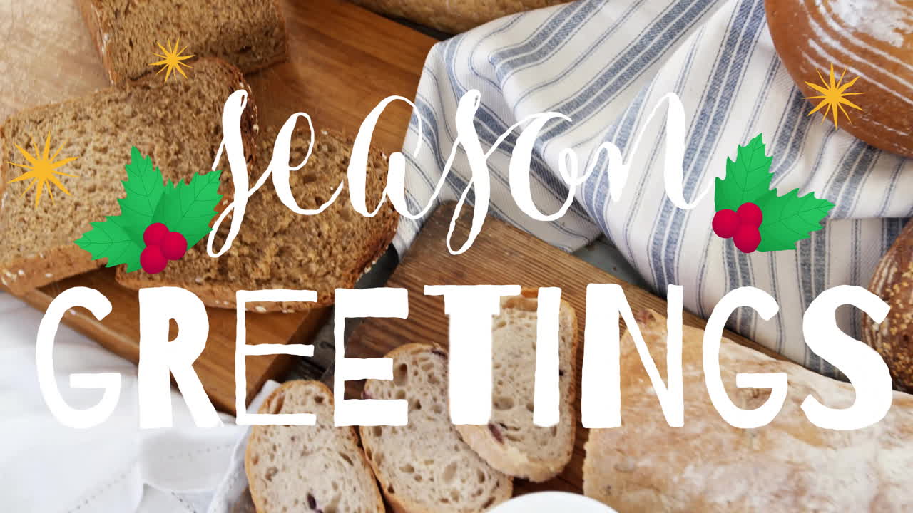 Animation of Season's Greetings text over sliced bread on striped cloth