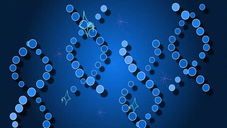círculos azules y blancos que forman animación de cadena de adn sobre un fondo azul con chispas