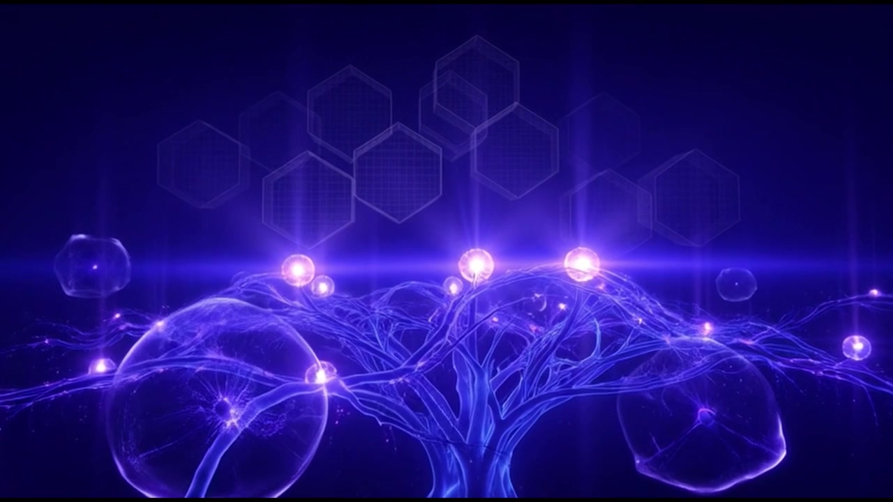 Abstract Digital Tree with Glowing Spheres and Hexagonal Grid