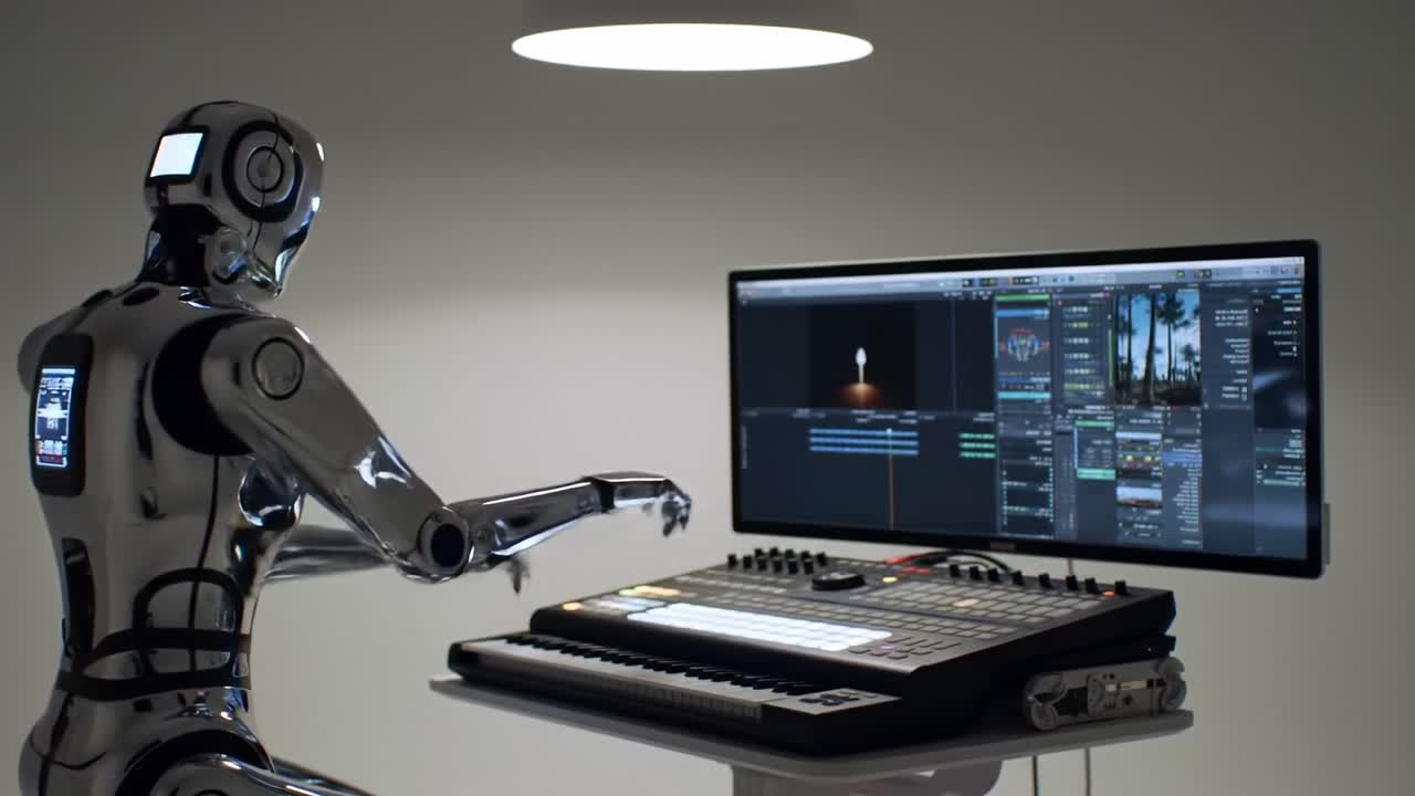 A Futuristic Robot Engaging with Advanced Audio-Visual Equipment in a Modern Workspace Environment, Blending Technology and Creativity Seamlessly