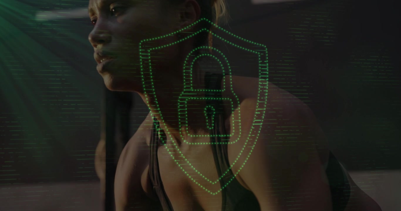 Woman bracing core, gripping barbell in gym, green holo shield appearing over chest protecting form