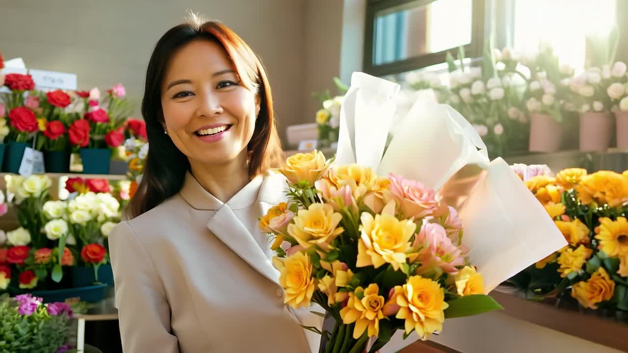 꽃 가게 에서 꽃 어리 를 들고 있는 미소 짓는 여자