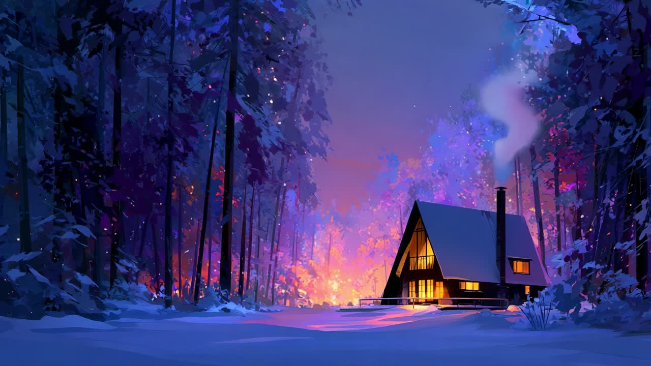 A Cozy Cabin Illuminated at Dusk, Surrounded by Vibrant Forest Colors and Snowy Landscape, Capturing the Essence of a Winter Wonderland in a Serene, Picturesque Setting