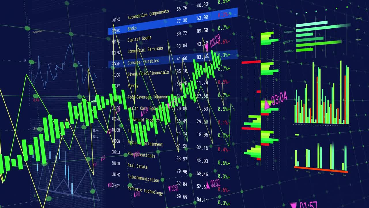 Animation of financial data processing over blue background