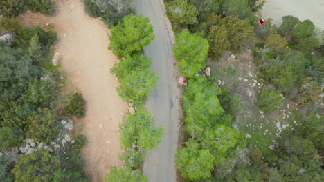 Vista-Aérea-De-Una-Carretera-De-Montaña-Con-Arbustos-Verdes-En-Chipre,-Oriente-Medio