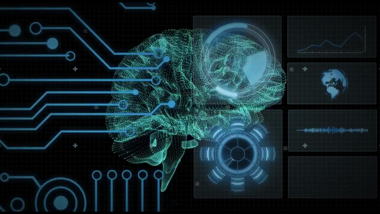 Left circuits extending toward holographic brain, mesh pulsing and streaming data for HUD analysis