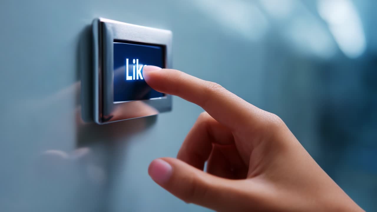 A hand is poised to interact with a digital interface, showcasing the modern concept of engagement through the act of pressing the 'Like' button in a sleek environment