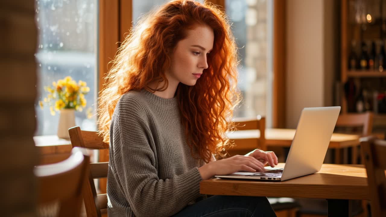 A woman with long, wavy red hair sits at a wooden table in a warm and inviting cafe. She is focused on her laptop, typing with a look of concentration. Sunlight pours through the large windows, creating a soft glow in the space. A small vase with flowers decorates the table, adding a touch of color.