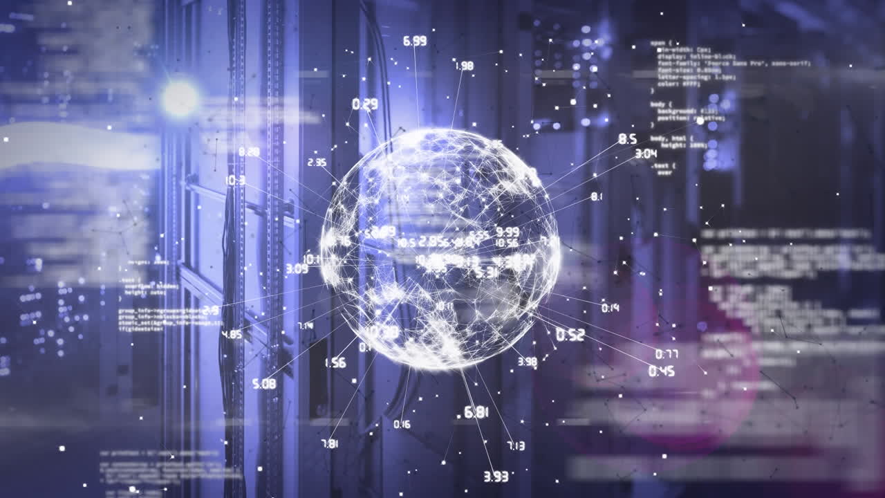 Animation of globe and data processing over computer servers