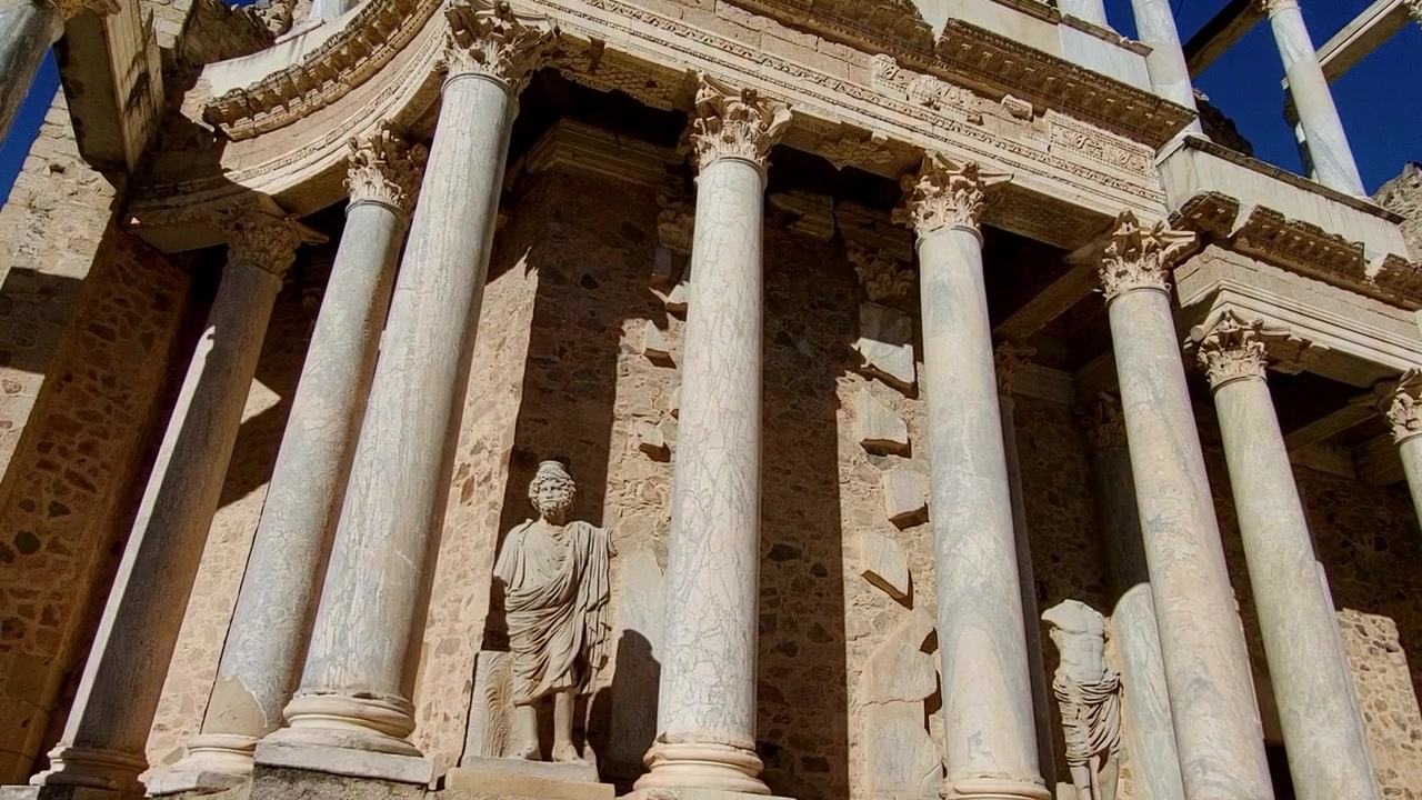 Roman Theatre of Mérida. Panoramic view of the roman columns, statues and friezes. Panoramic view of the Roman theatre stage. Emerita augusta. Spain. Roman Empire Architecture.