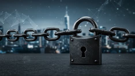a strong metal padlock and chain securing a vivid urban landscape with digital overlay, symbolizing security and protection in a modern world