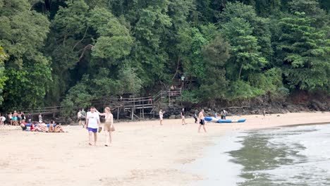 beachgoers stroll along a scenic shoreline