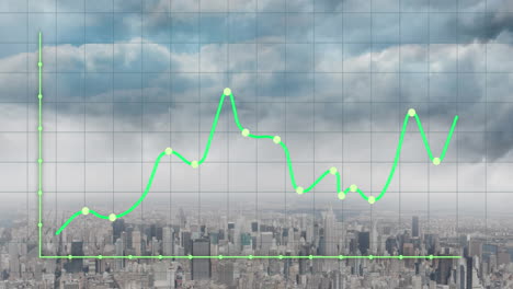 animation of financial data processing over cityscape
