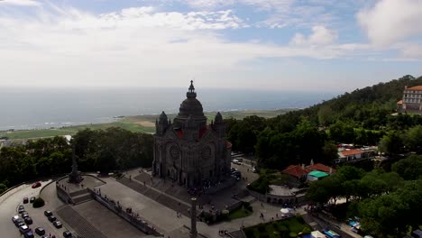 Aerial-view-of-Santuario-de-Santa-Luzia,-a-church-on-hilltop-in-Viana-do-Castelo,-Portugal