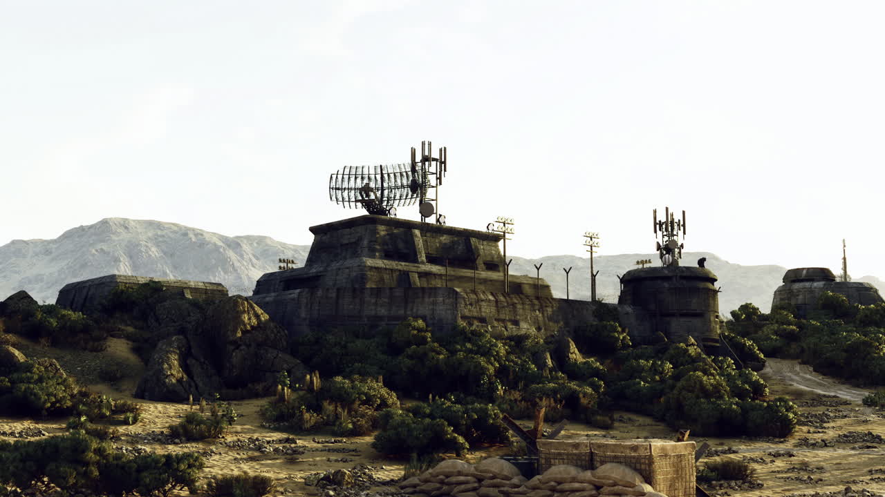 Abandoned communication towers on rocky terrain in a desert landscape